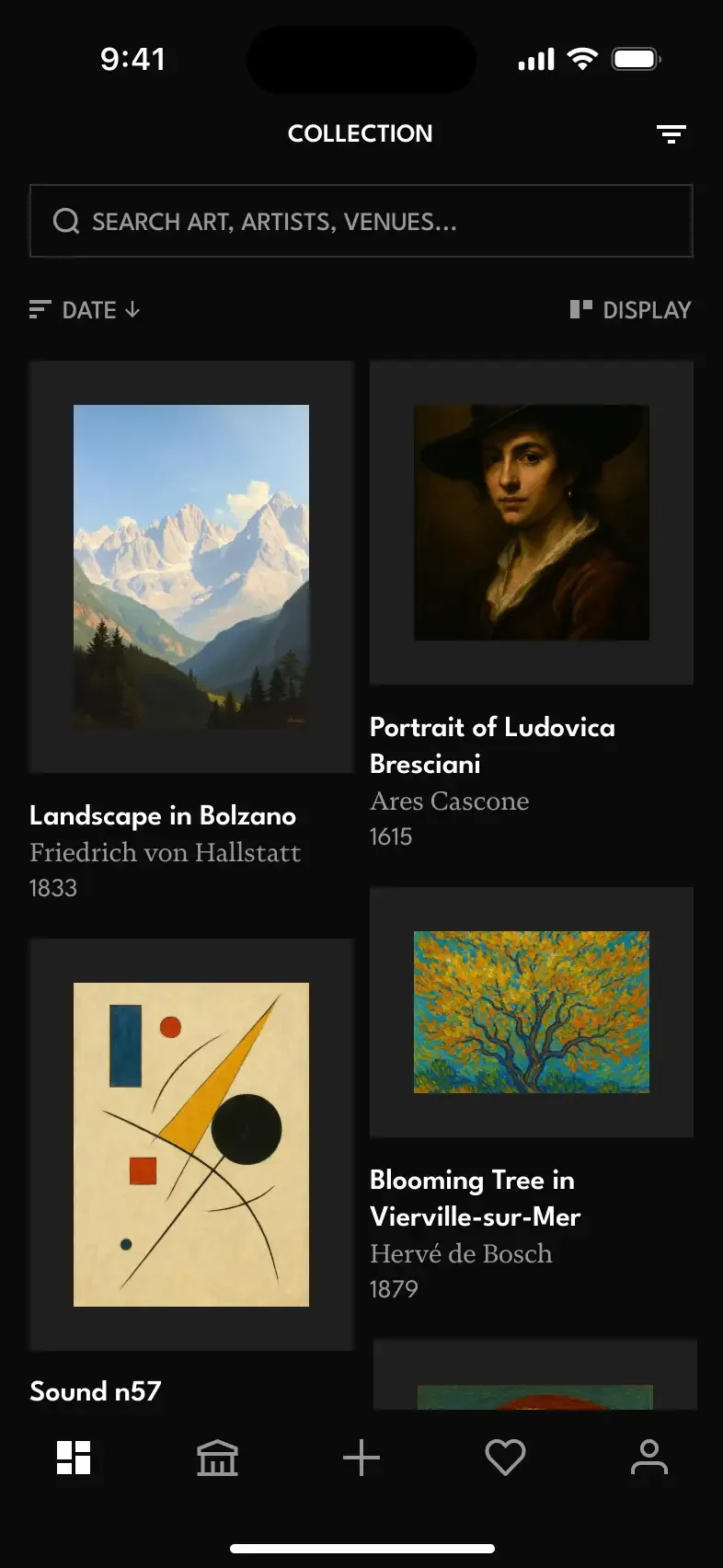 Pinacoteca collection with saved artworks, artists, and dates